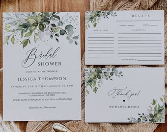 Greenery Bridal Shower Invitation Set, Modern Boho Bridal Shower Invitation, Details Card, Recipe Card, Editable Printable Invite, CORJL