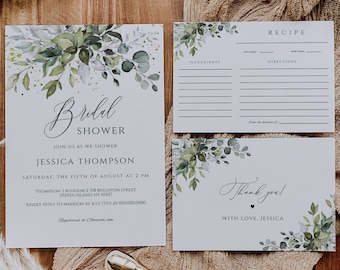 May include: A bridal shower invitation with a watercolor design of green leaves and gold accents. The invitation includes the text "Bridal Shower", "Jessica Thompson", "Saturday, the fifth of August at 2 PM", "Thompson's Residence 518 Brighton Street, Staten Island, NY 10307", "Kindly reply to Madison by July 15th at 0000000000", and "Registered at Amazon.com".