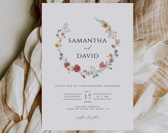 Wildflower Wedding Invitation card template, Summer Spring wedding Invitation, Instant Download, Editable Boho Floral template