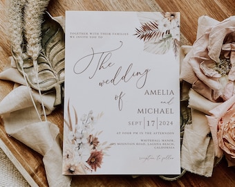 Plantilla de invitación de boda estilo bohemio de las pampas, diseño floral en terracota (editable e imprimible)