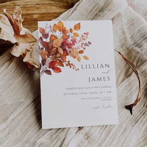 Modèle de carte de faire-part de mariage automne automne, invitation rustique en terre cuite, téléchargement modifiable d'invitation, mariage imprimable, simple invitation numérique