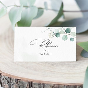 Plantilla de tarjeta de asiento para boda, descarga de tarjeta de asiento de mesa, tarjeta de nombre de eucalipto, tarjeta de mesa con vegetación editable, descarga instantánea, tarjeta de lugar