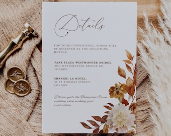 Fall Wedding Details Card Template, Autumn Leaves and Greenery, INSTANT Download Editable Card, Rust Wedding Reception Card Printable, CORJL