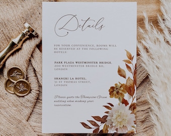 Plantilla de tarjeta de detalles para boda de otoño, hojas de otoño (descarga instantánea)