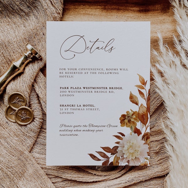 Fall Wedding Details Card Template, Autumn Leaves and Greenery, INSTANT Download Editable Card, Rust Wedding Reception Card Printable, CORJL