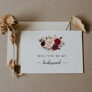 Bourgondische kaartsjabloon bruidsmeisje voorstel, minimalistisch Will You Be My Bridesmaid Card, bruidsmeisje voorstel, bewerkbare instant DIY, CORJL