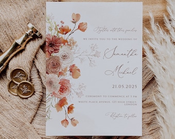 Terracotta Floral Wedding Invitation Template, Autumn DIY (5x7" Digital Card)