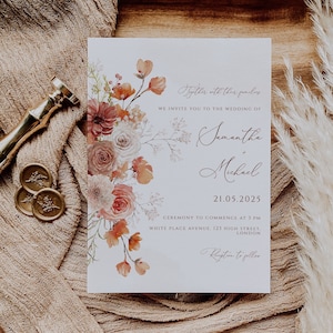 Orange Terrakotta Hochzeit Einladung digitale Karte Vorlage 5x7 ", Editable Printable DIY Herbst Herbst Blumenkranz Hochzeit einladen