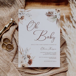 Oh baby Einladung, Baby-Dusche Einladung Vorlage, Pampas Grass-Baby-Dusche Einladung, Terrakotta-Baby-Dusche, bearbeitbare druckbare Karte