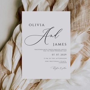 Plantilla de tarjeta de invitación de boda minimalista moderna, invitación de boda sencilla, invitación de boda editable e imprimible, bricolaje, Corjl
