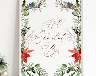 Winter Hot Chocolate Bar Sign, Poinsettia Decor (Instant Download, CORJL)