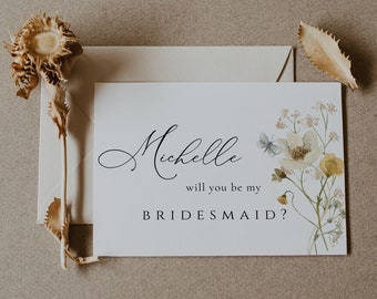 Wildflower Bridesmaid Proposal Card Template, Printable Will You Be My Bridesmaid Card, Boho Floral Bridesmaid Proposal invite, DIY