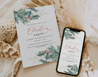 May include: A digital and printed invitation for a Christmas party. The invitation features a watercolor illustration of holly and evergreen branches with red berries. The text reads "Join us for a holly jolly Christmas Party" with the date, time, location, and RSVP information.