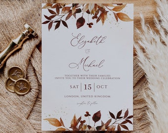 Rustic Fall Wedding Invitation Template, Autumn Leaves and Greenery, Download Editable Invite, Printable Marriage, Boho Wedding Invite