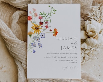 Wildflower Wedding Invitation card template, Summer Spring wedding Invitation, Instant Download, Editable Boho Floral template DIY