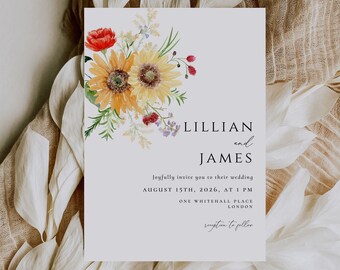 Wildflower Wedding Invitation card template, Summer Spring wedding Invitation, Instant Download, Editable Boho Floral template DIY