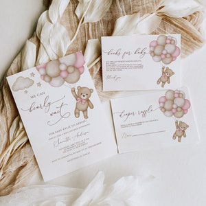 EDITABLE Bear Baby Shower Invitation Set We Can Bearly Wait Package Beary Cute Suite Teddy Bear Beige Brown Balloons Bundle Template