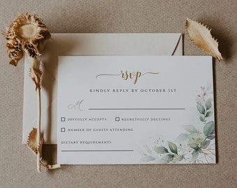 Plantilla de tarjeta de confirmación de asistencia para bodas con motivos vegetales, follaje editable (descarga digital)