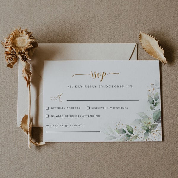 Greenery Foliage RSVP Card Template, Reception Card - DIY Wedding Stationery - Editable Kindly Reply card template, Edit with CORJL