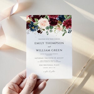 Burgundy Wedding Invitation Template, Floral Wedding Invitation, Burgundy Blush invitation, Printable invitation, Edit with CORJL image 1