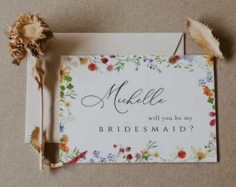 Wildflower Bridesmaid Proposal Card Template, Printable Will You Be My Bridesmaid Card, Boho Floral Bridesmaid Proposal invite, DIY