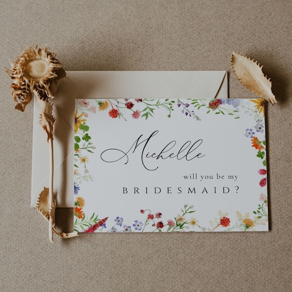 Wildflower Bridesmaid Proposal Card Template, Printable Will You Be My Bridesmaid Card, Boho Floral Bridesmaid Proposal invite, DIY