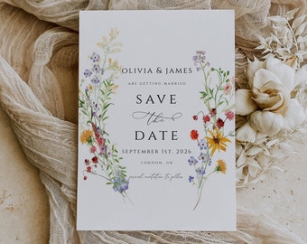 Wildflower Save the Date Invitation Template, Summer Spring Wedding invite, Elegant Floral invite, Editable Printable card template, CORJL