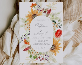 Wildflower Wedding Invitation card template, Summer Spring wedding Invitation, Instant Download, Editable Boho Floral template DIY