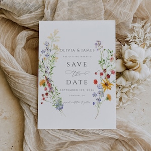 Modèle d'invitation avec réserve de fleurs sauvages, faire-part de mariage été printemps, invitation florale élégante, modèle de carte imprimable modifiable, CORJL