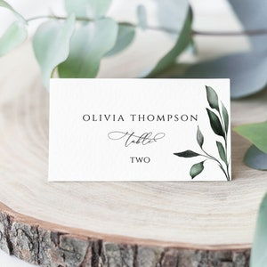 Plantilla de tarjeta de lugar con hojas verdes, tarjeta de lugar imprimible para bodas, texto editable, vegetación moderna, plegada plana y tipo carpa, descarga instantánea, PL32