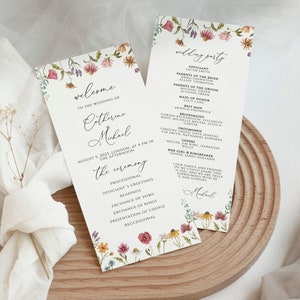 Wildflower Wedding Ceremony Program card template 4x9&quot;, Wedding Ceremony Fan, Printable Editable program, Instant Download CORJL