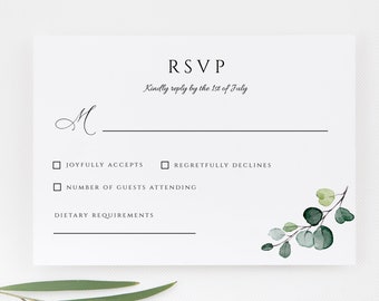 Plantilla de tarjeta de confirmación de asistencia para bodas con diseño de eucalipto - Papelería editable (descarga digital)
