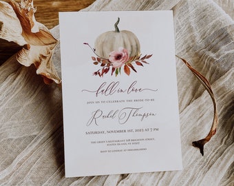 Fall in Love Bridal shower invitation template, Autumn Pumpkin Invite, Editable Printable card, Instant Download, CORJL