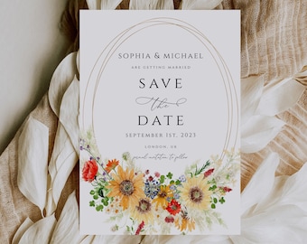 Wildflower Save the Date Invitation Template, Summer Spring Wedding invite, Elegant Floral invite, Editable Printable card template, CORJL