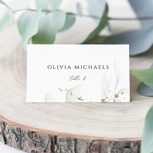 Plantilla de tarjeta de lugar con follaje verde, tarjeta de lugar imprimible para bodas, texto editable, diseño moderno, plano y plegado, descarga instantánea, PL23