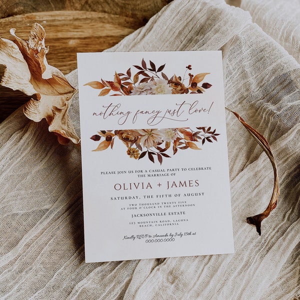 Fall Autumn  Wedding Nothing Fancy Just Love Invitation, We Eloped Card, Printable Elopement Reception Invite, Rustic Terracotta invite DIY