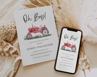 Red Tractor Baby Shower Invitation, Farm Evite Template (Digital Download)