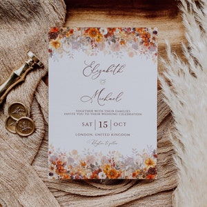 Modèle de carte de faire-part de mariage automne automne, invitation rustique en terre cuite, téléchargement modifiable d'invitation, mariage imprimable, invitation de mariage bohème
