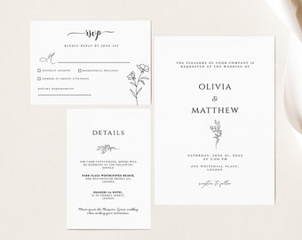 May include: A set of three white wedding stationery cards with black text and floral line art. The cards include an RSVP card, a details card, and an invitation card with the names Olivia & Matthew.