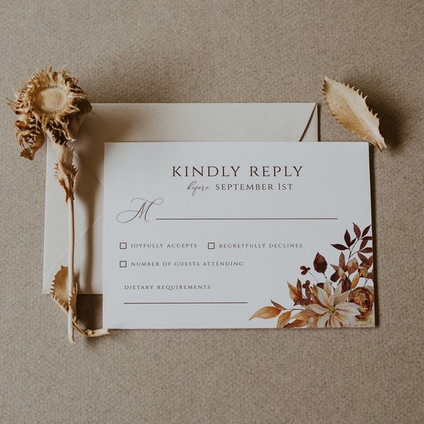 Fall Wedding RSVP Card Template, Autumn Leaves and Greenery, INSTANT Download Editable Card, Rust Wedding Insert Card Printable, CORJL