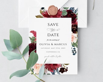 Burgundy Floral Save the Date Invitation, Elegant Wedding Template (Digital Download)