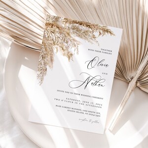 Plantillas editables de invitaciones de boda boho, invitación de hierba de la pampa, invitación de boda boho imprimible, tarjeta de boda de descarga instantánea