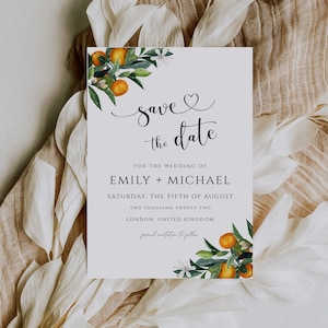 Réservez le modèle d'invitation aux agrumes, faire-part de mariage orange, carte de mariage modifiable, imprimable, invitation d'olives de la Méditerranée CORJL