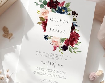Burgundy Floral Wedding Invitation Template, Editable Printable (DIY Invite)