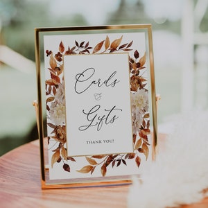Herbst Herbst Hochzeit Karten und Geschenke Tischschild Vorlage, Herbst Blätter Brautparty Bearbeitbare druckbare Schild Vorlage, CORJL