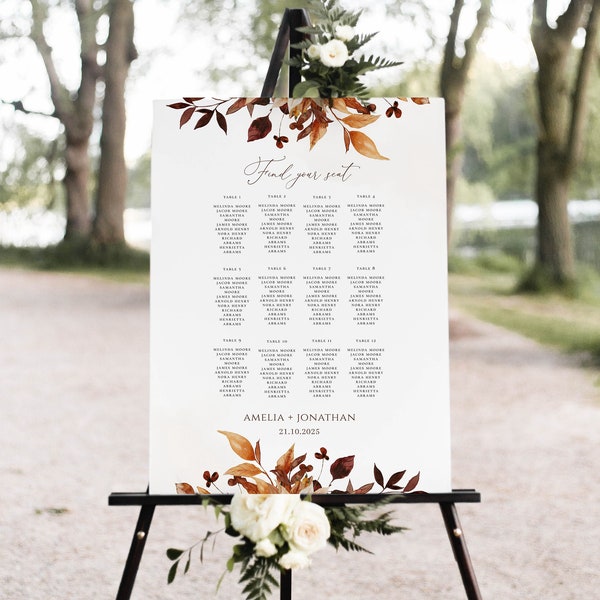Fall Wedding Seating Chart, Autumn Wedding seat template, DIY, Editable Printable Seating Plan Sign, Edit with CORJL