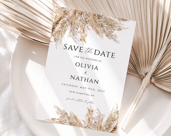Hochzeit Save the Date Vorlage, druckbare, bearbeitbare Pampasgras Hochzeitseinladung, DIY, Boho Hochzeitskarte, Bearbeiten mit CORJL