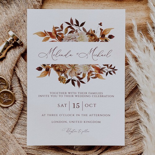 Rustic Fall Wedding Invitation Template Autumn Leaves and - Etsy