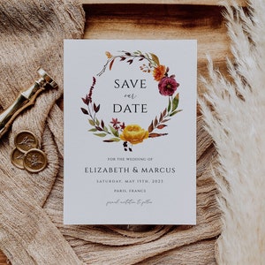Save the Date Fall Invitation Template, Wedding Autumn Save Our Date Invite, Instant Download, Boho Printable Invite, Autumn Floral Wreath