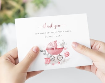 Roze bedankkaart voor babyshower • Bewerkbare sjabloon (direct downloaden)